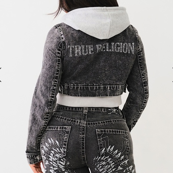 True Religion Black Denim Jacket with Gray Hood - Picture 1 of 11